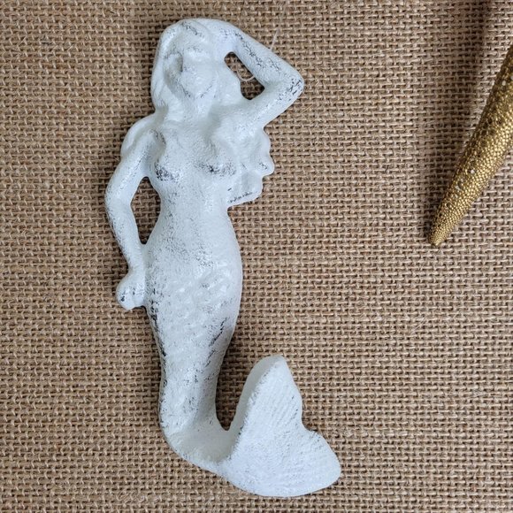 Distressed White Mermaid Hook Cast Iron Coastal Decor - Picture 7 of 13